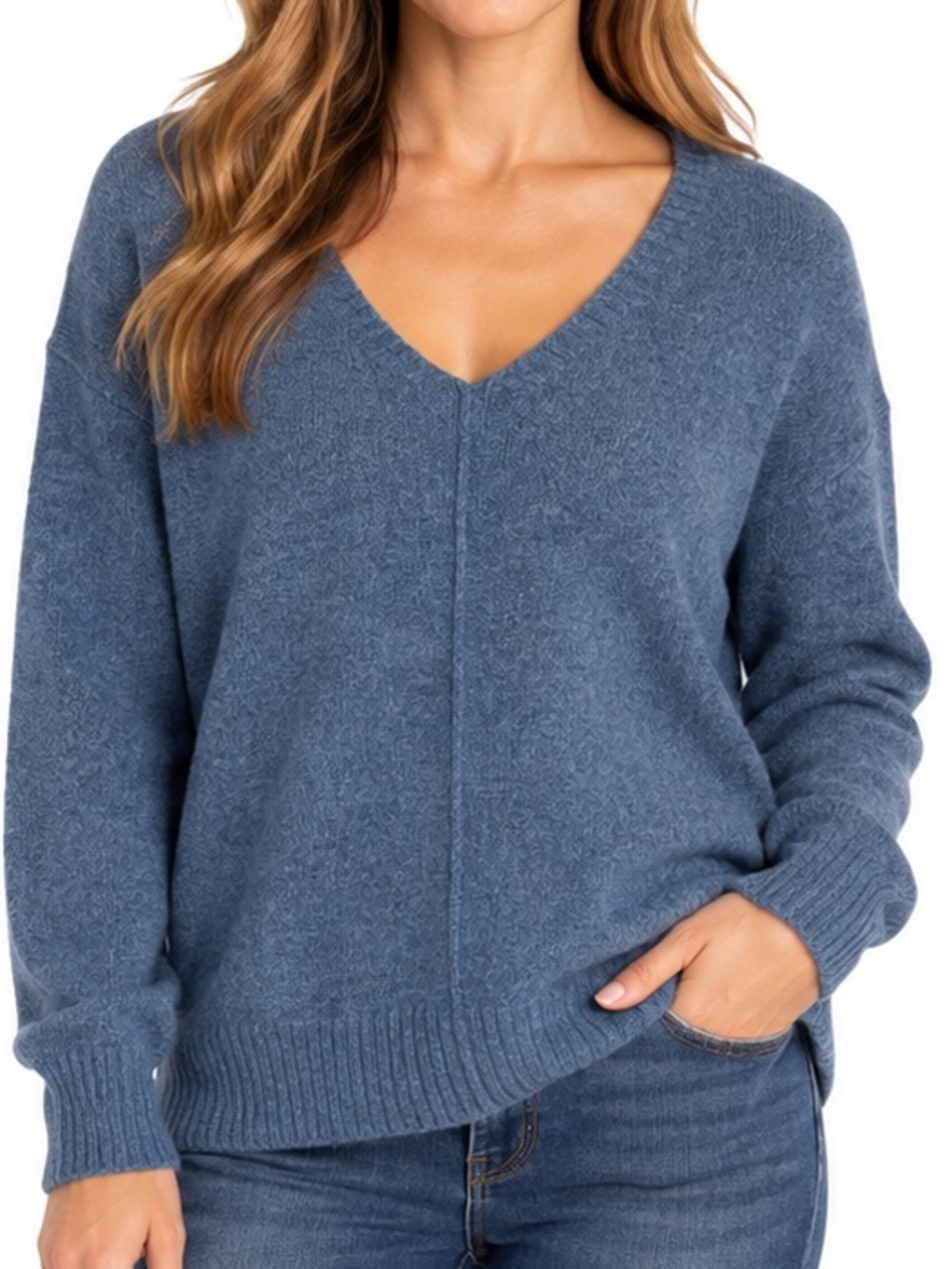 Vince Camuto Blue V Neck Knit Sweater Center Seam Relaxed Fit Size M